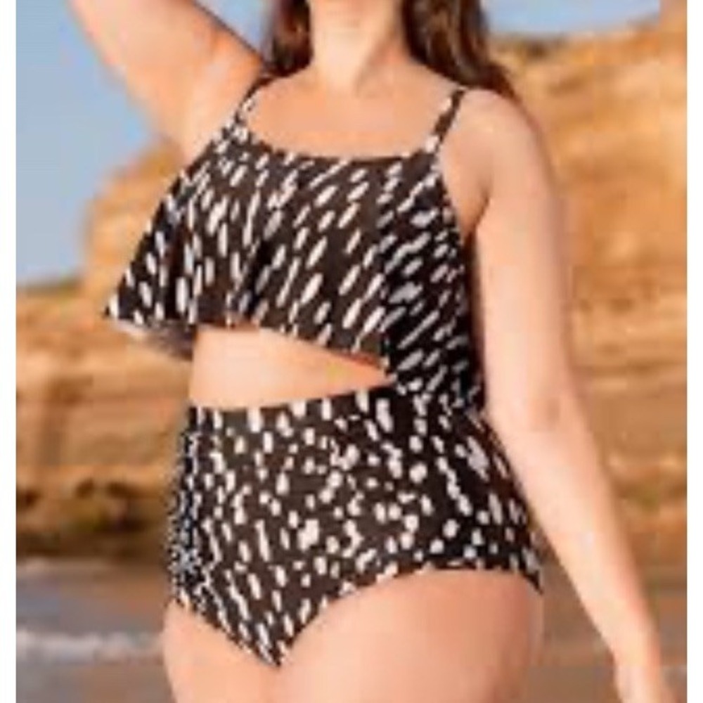 Shapermint Essentials Black Dots Ruffle Bikini Top High Waisted Bottom Set XL